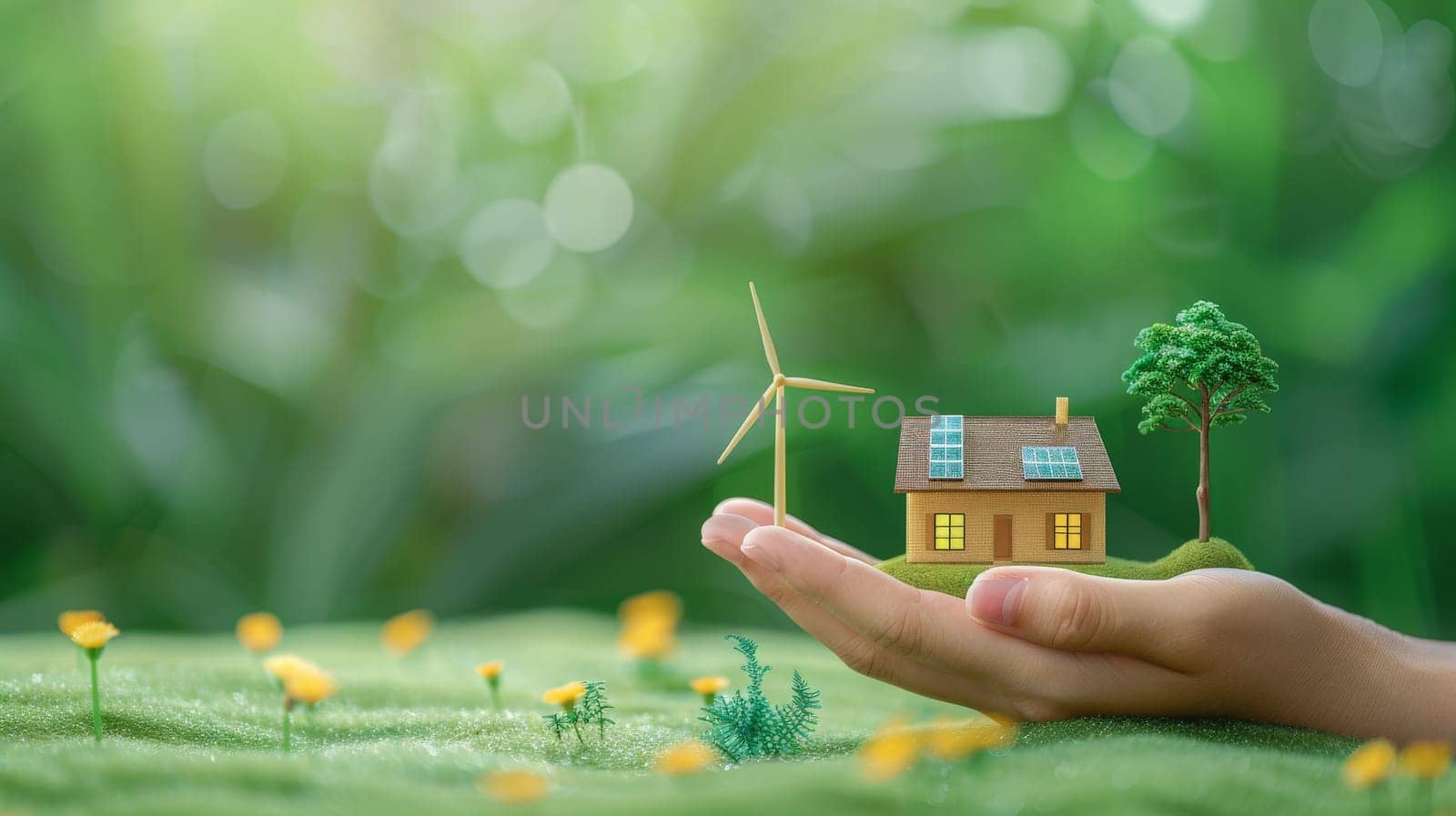 a hand holding symbol of green energy and renewable fuel, wind power, solar power, electric vehicles.