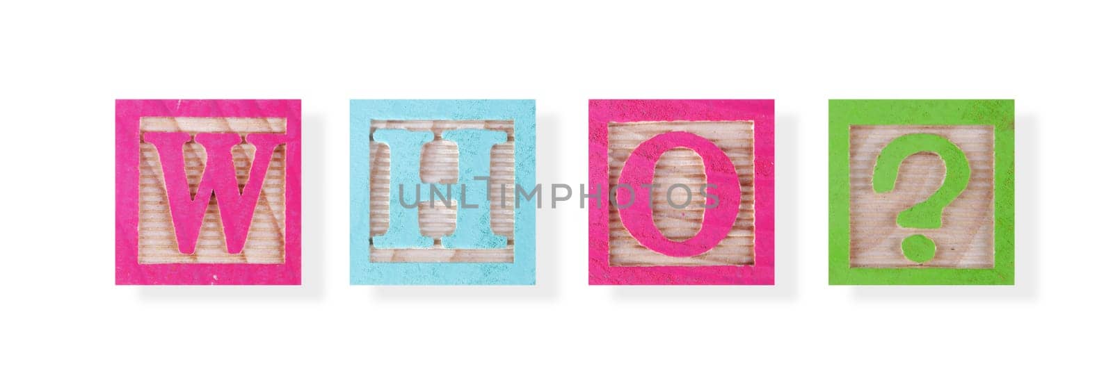 A Who concept with childs wood blocks on white with clipping path to remove shadow
