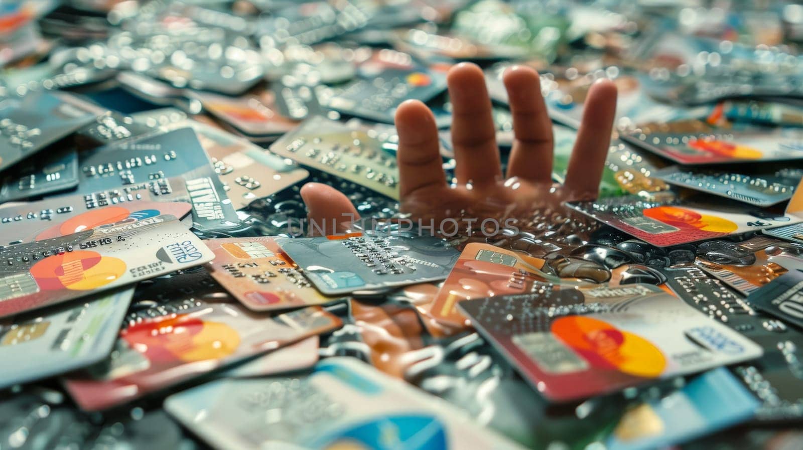 Credit bureau, a sea of credit cards, a hand is trying to reach out under the pile of credit cards.