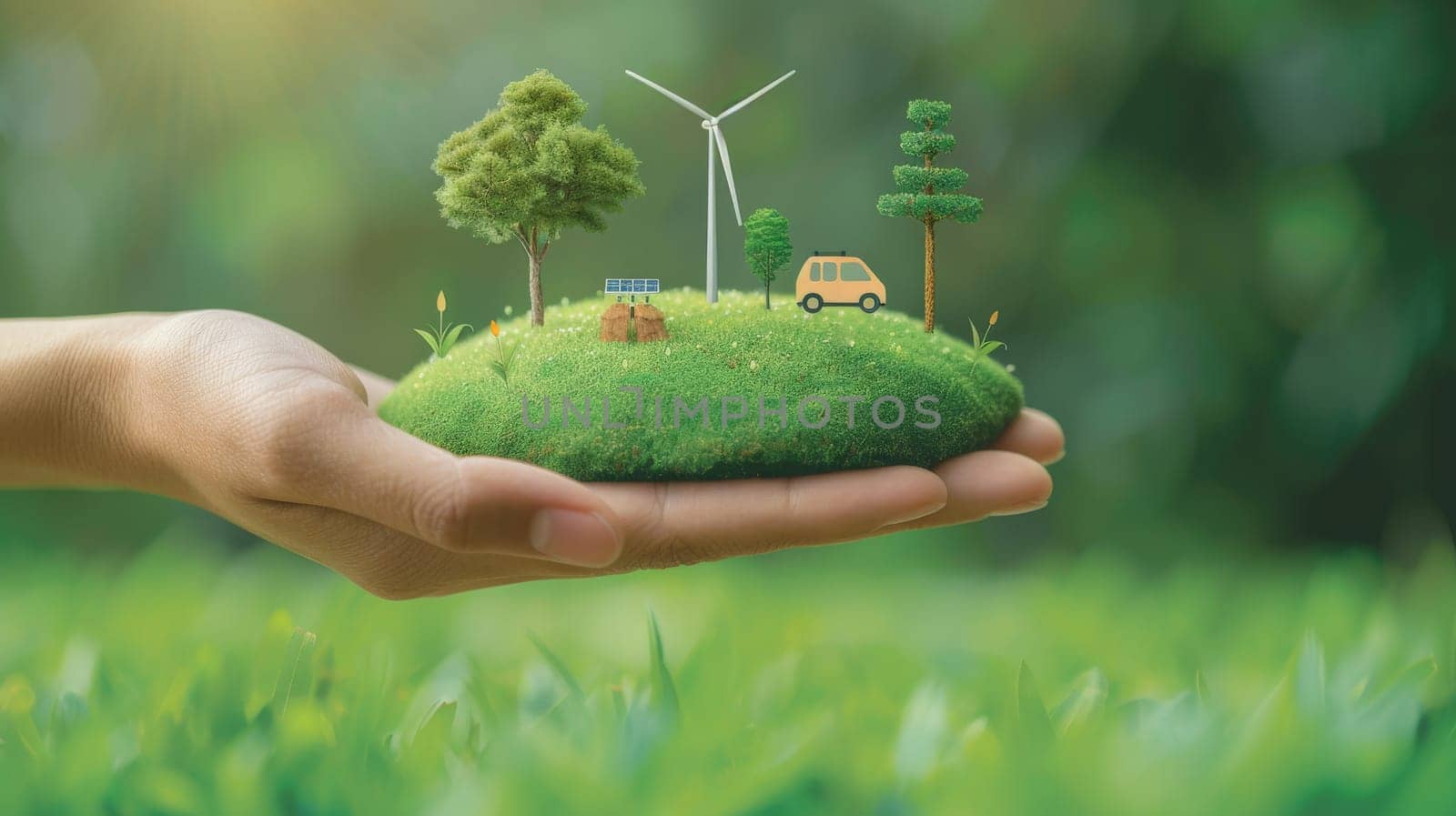 a hand holding symbol of green energy and renewable fuel, wind power, solar power, electric vehicles by nijieimu