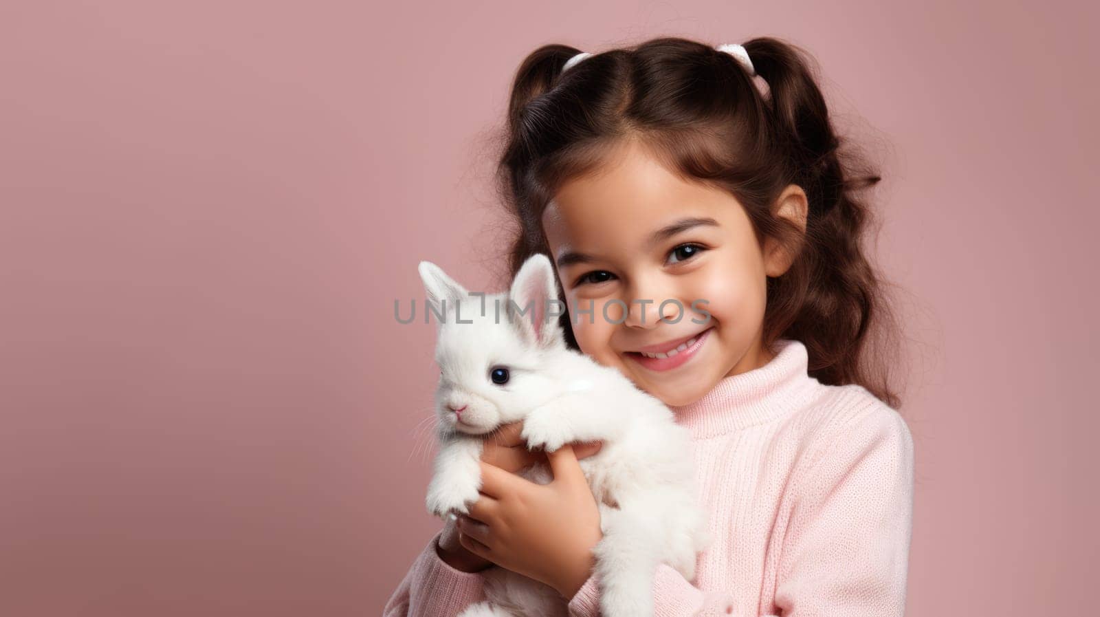 Little girl holding a white Easter bunny close to her chest, smiling at the camera with joy. by JuliaDorian