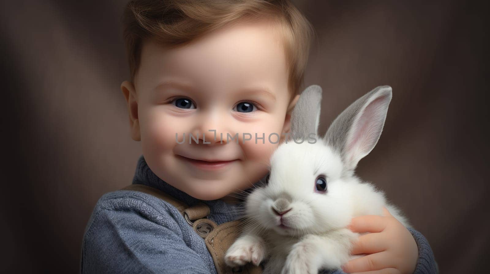 An adorable image of a toddler boy smiling and hugging a cute gray bunny. Perfect for illustrating stories about children, animals, and family. Isolated on a gray background.