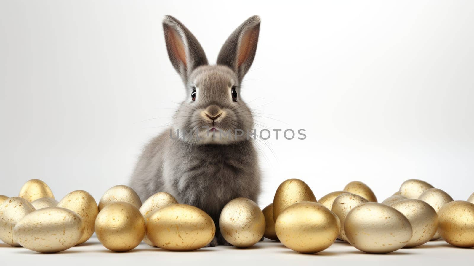 A charming small gray rabbit surrounded by shiny gold and silver Easter eggs on a bright white background. The rabbit is gazing directly at the camera, adding a touch of whimsy to the festive scene.