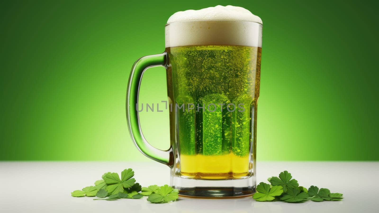 Cold green Beer with foam in a mug with Four-Leaf Clovers on green background, St. Patricks Day Celebration by JuliaDorian