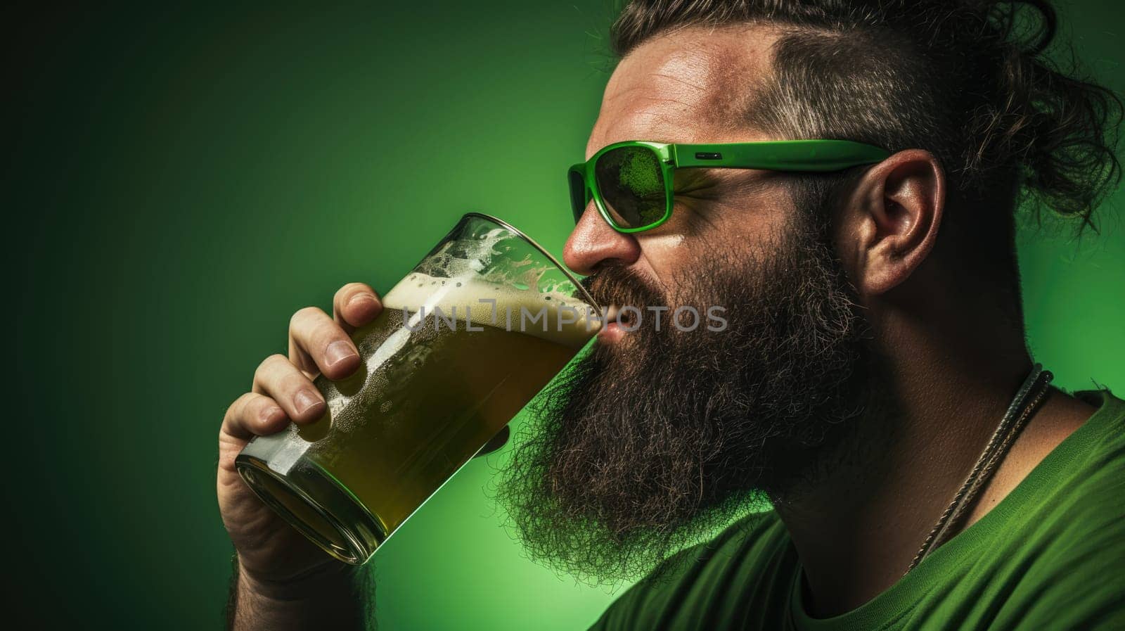 The bearded man with a bun hairstyle looks focused as he holds a green beer mug. He exudes a sense of calm and confidence. The dark grey backdrop enhances the mysterious vibe of the scene.