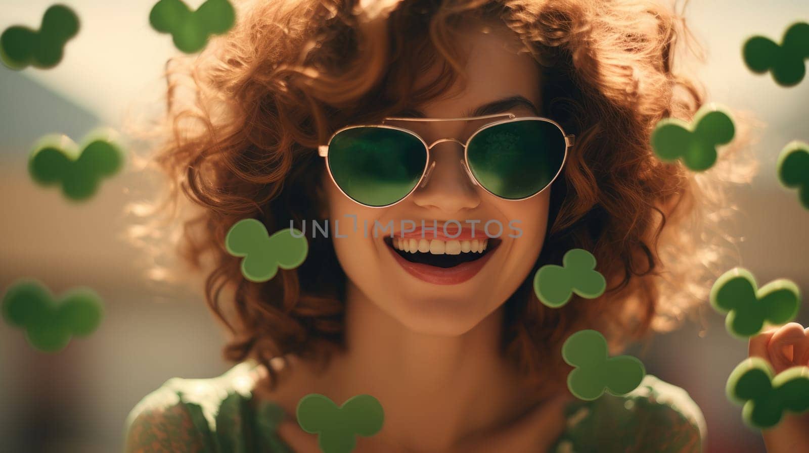 Happy woman with brown hair in sunglasses smiling at camera. Isolated on blurred background. St Patricks Day by JuliaDorian