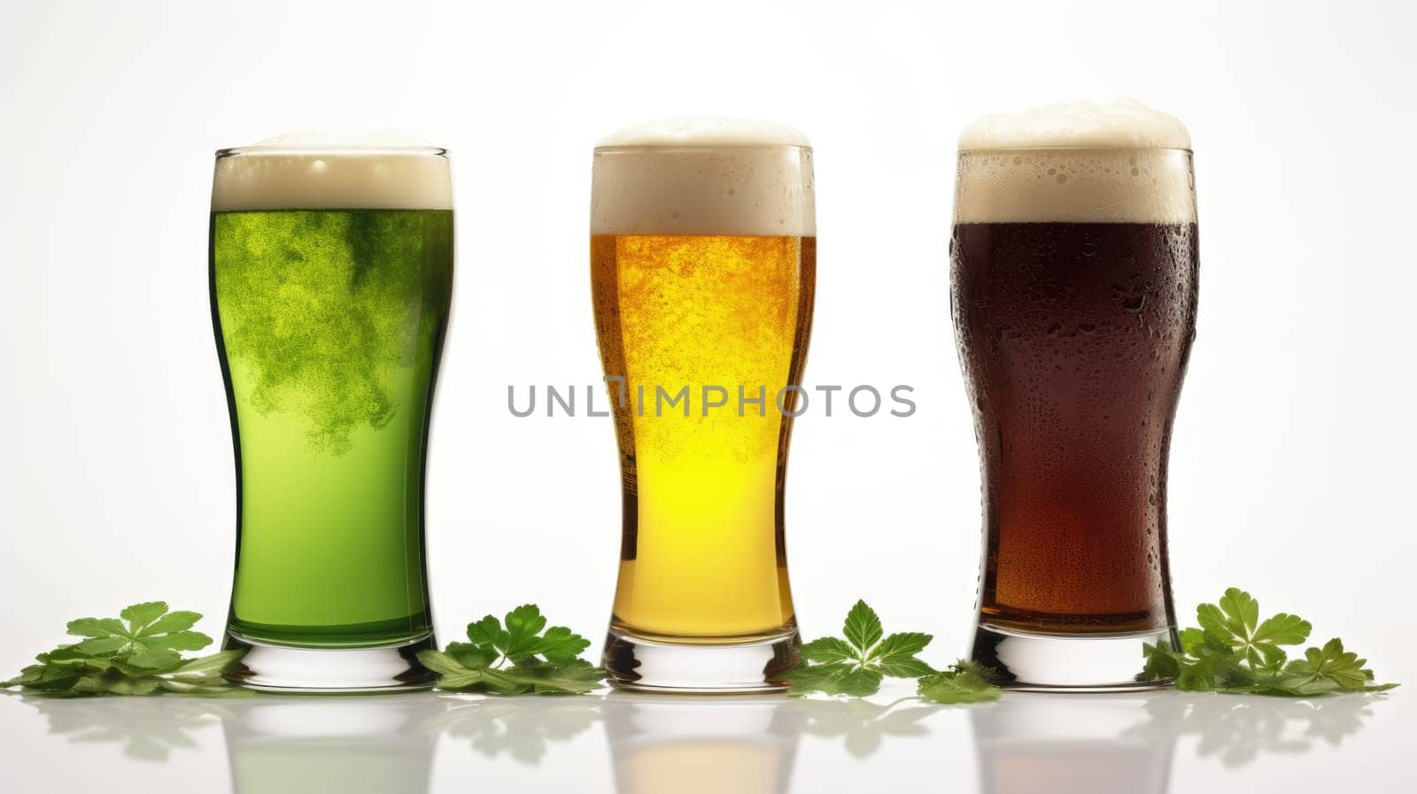 Cold green, brown and dark Beer with foam in glass with Four-Leaf Clovers on light background, St. Patricks Day Celebration by JuliaDorian