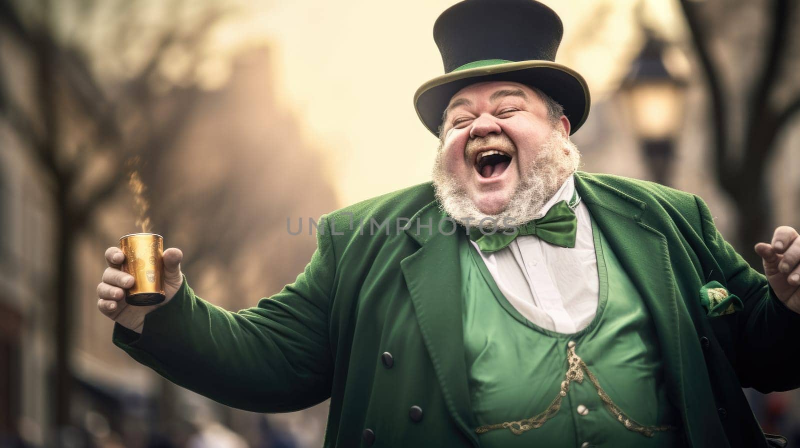 Happy St Patricks Day An Irishman in a green suit and hat is laughing. by JuliaDorian