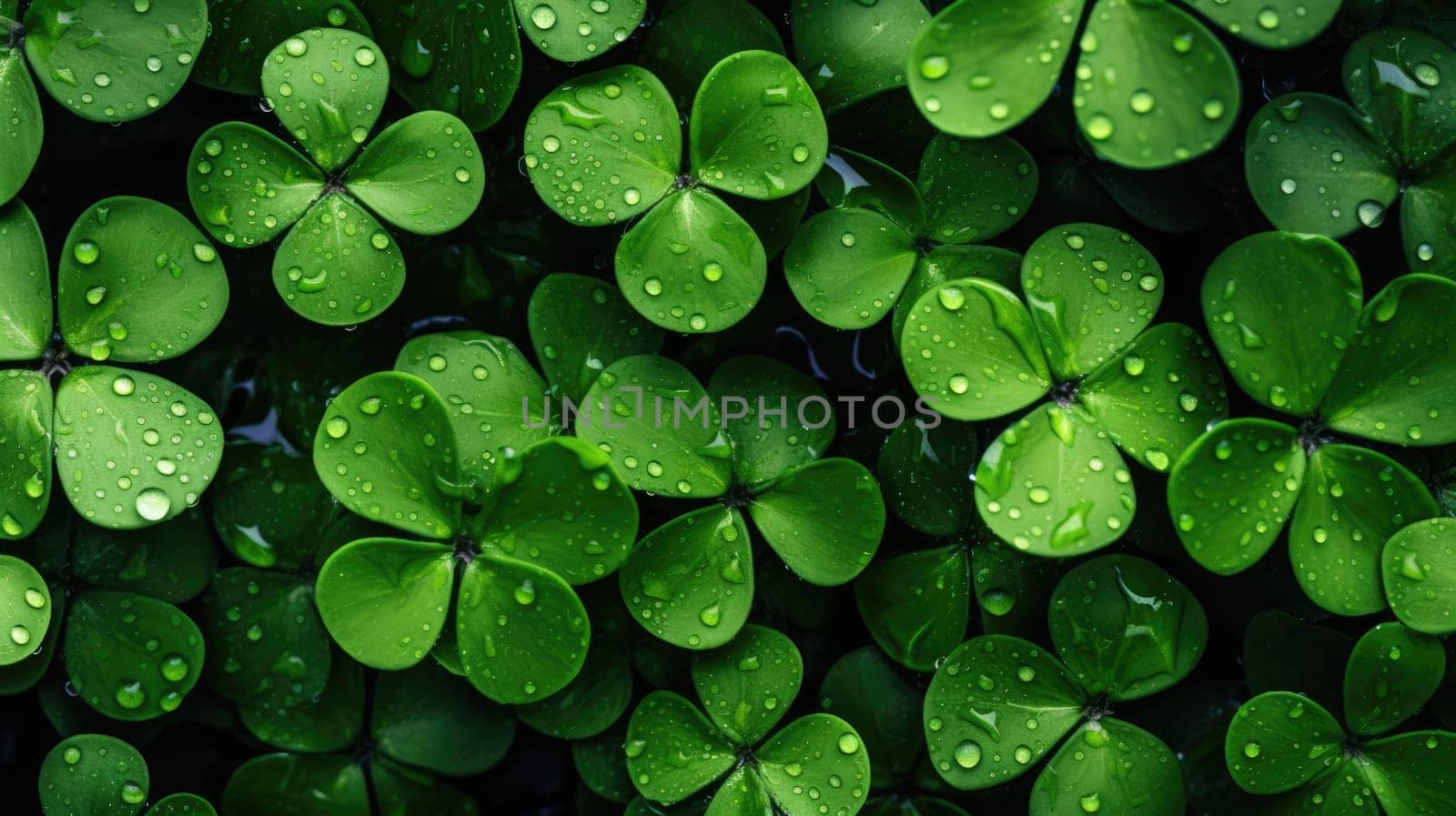 A stunning and vivid scene of a dense field of green four-leaf clovers, perfect for St. Patricks Day or nature-themed designs, providing a sense of freshness and abundance in a harmonious setting.