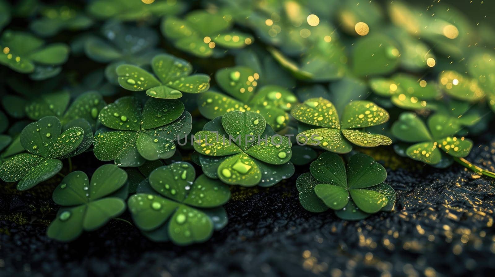 Delicate dewdrop on a lush green four-leaf clover in the morning sun. Natural floral background with copy space. Selective focus. Blurred background with beautiful bokeh.