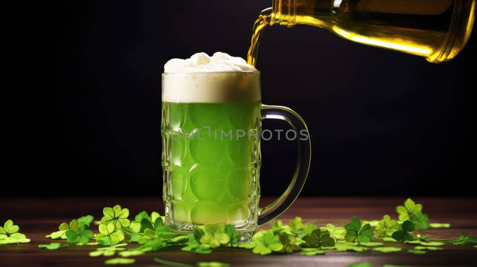 Hand pouring green beer in mug with green four-leaf clover on dark background St. Patricks Day by JuliaDorian