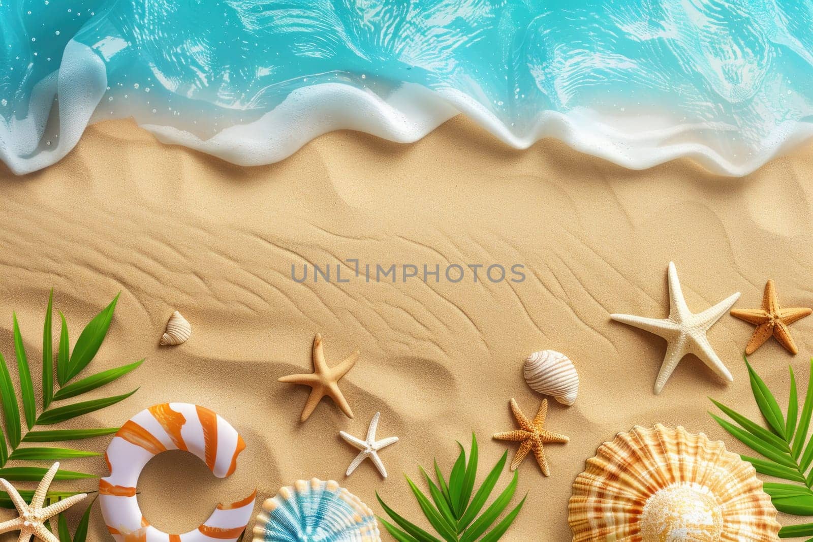 Top view sand beach background with beach vacation symbols. Generative AI.