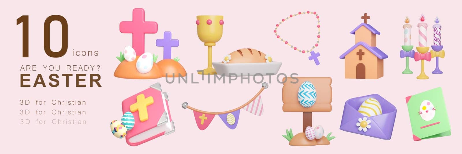 3D illustrated cute festive set of christian icons. cross, chaliace, bread, candle, book, envelope, sign, basket, candy, art, 3D Illustration Easter festive. by meepiangraphic