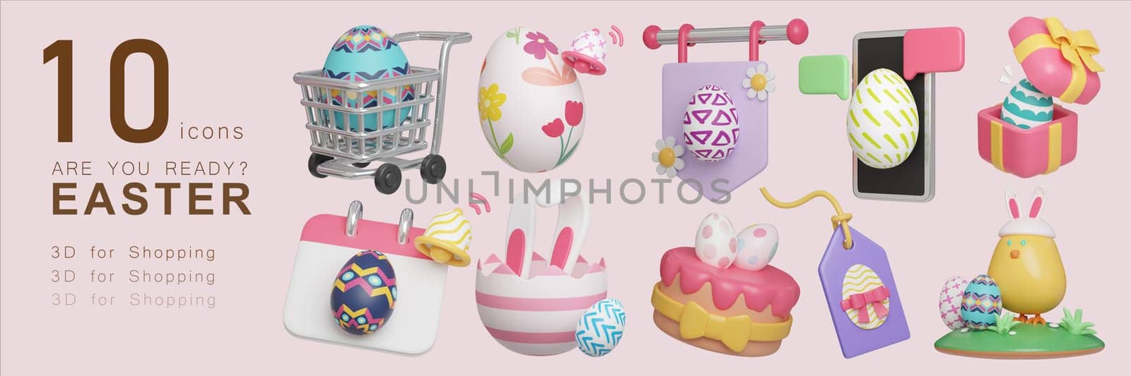 3D illustrated cute festive set of shopping Easter Egg icons. cart, egg, sign, gift, calendar, rabbit, cake, tags, chick, 3D Illustration Easter festive..