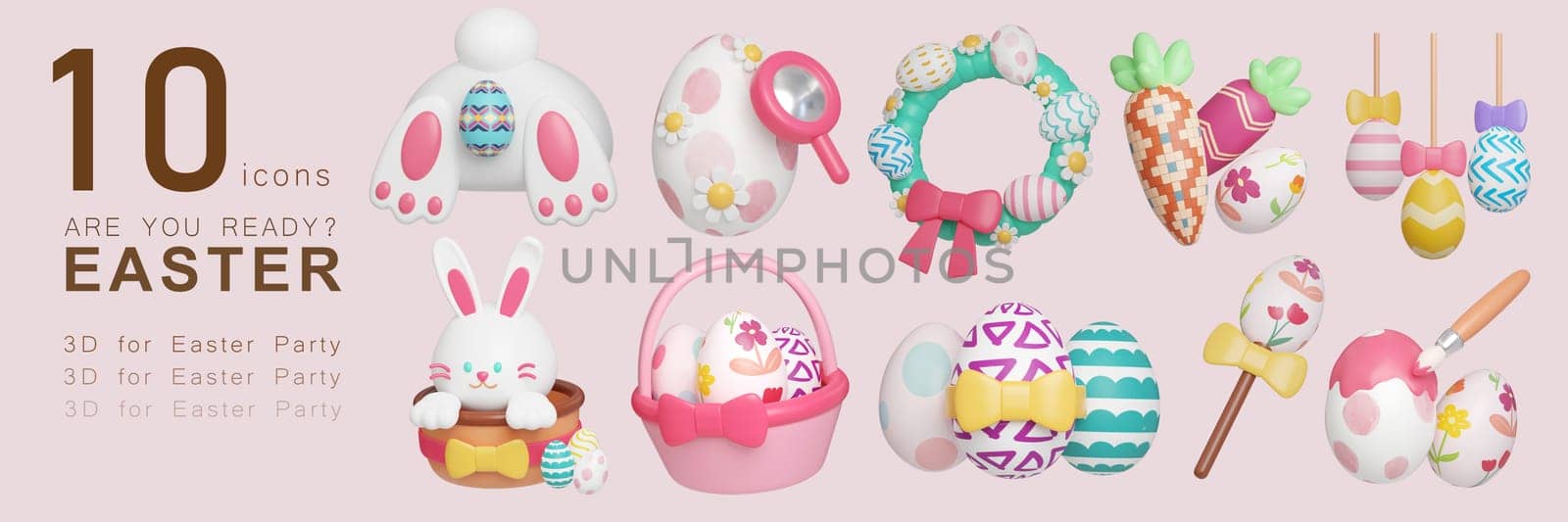 3D illustrated cute festive set of Easter Egg icons. rabbit, carrot, basket, candy, art, 3D Illustration Easter festive..