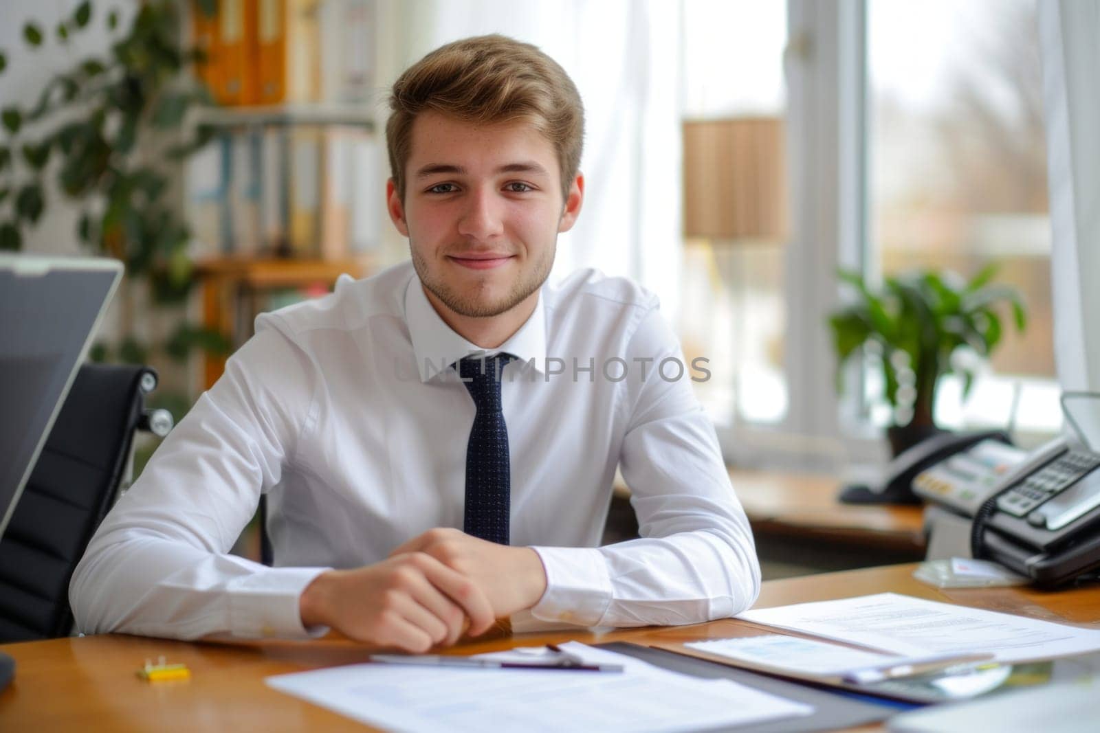A young businessman in well dress sitting at desk in his office room.
