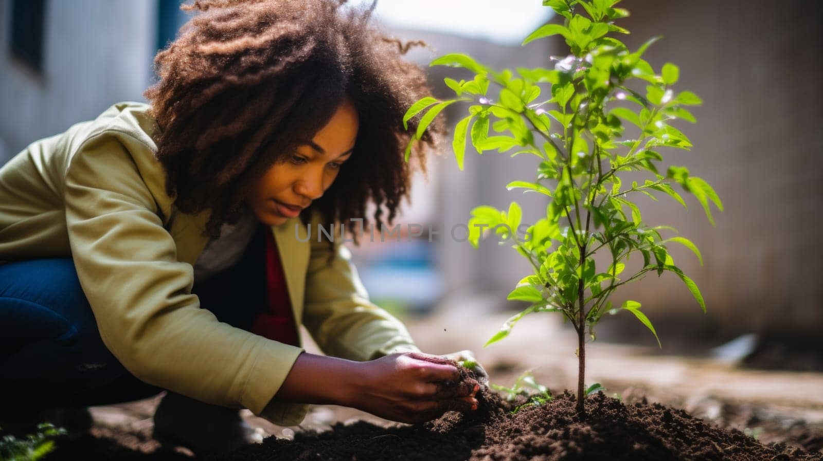 Happy afro american woman planting a tree. Environmental protection and conservation concept by papatonic