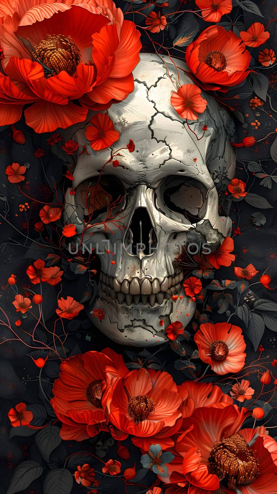A skull with a jaw bone is depicted surrounded by vibrant red flowers in a visually striking painting on a black background, showcasing the beauty of art and the contrast between life and death