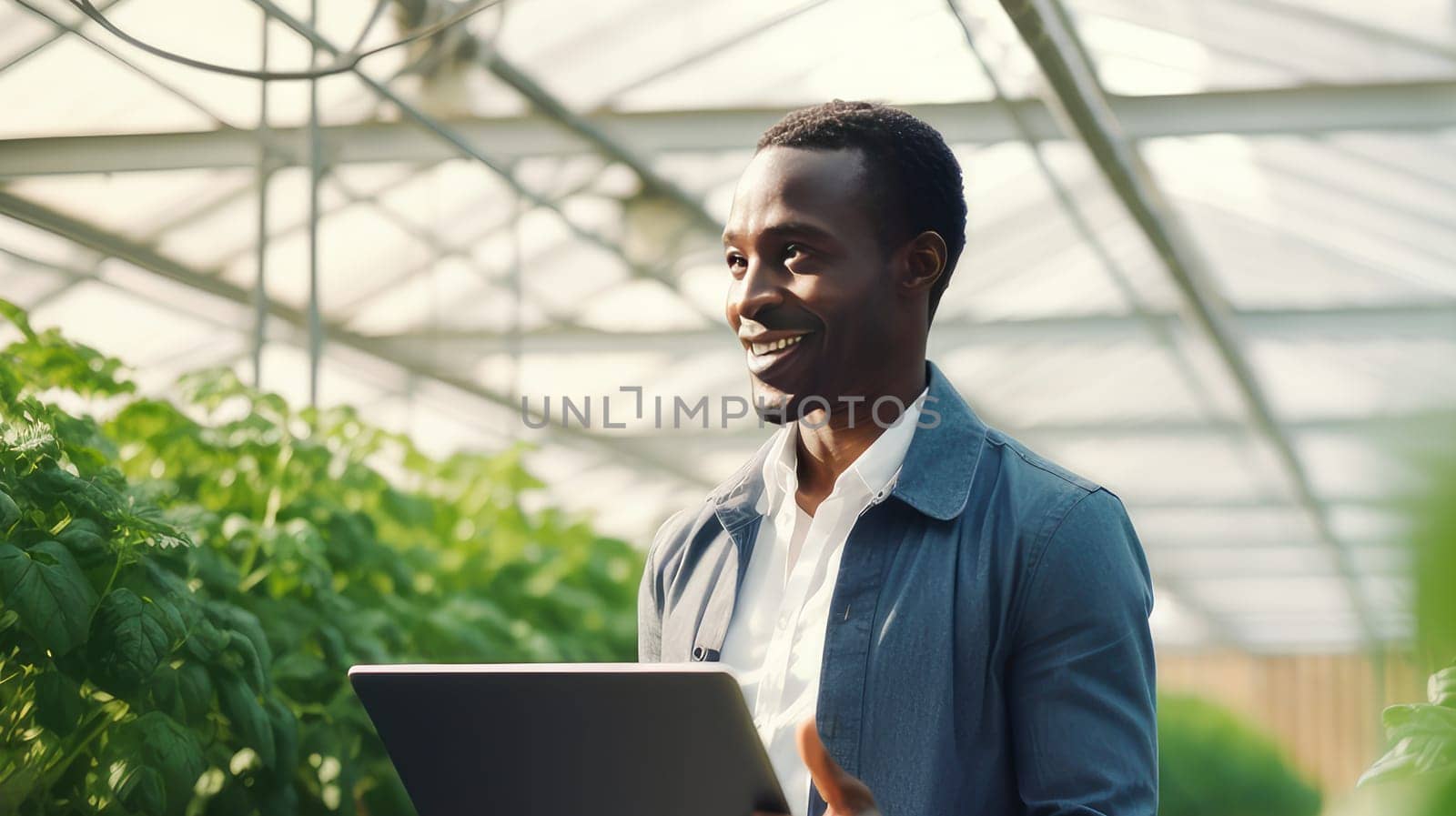 A dark-skinned African American man with a gadget, laptop, tablet is planting and caring for plants, seedlings, vegetables in a greenhouse. by Alla_Yurtayeva