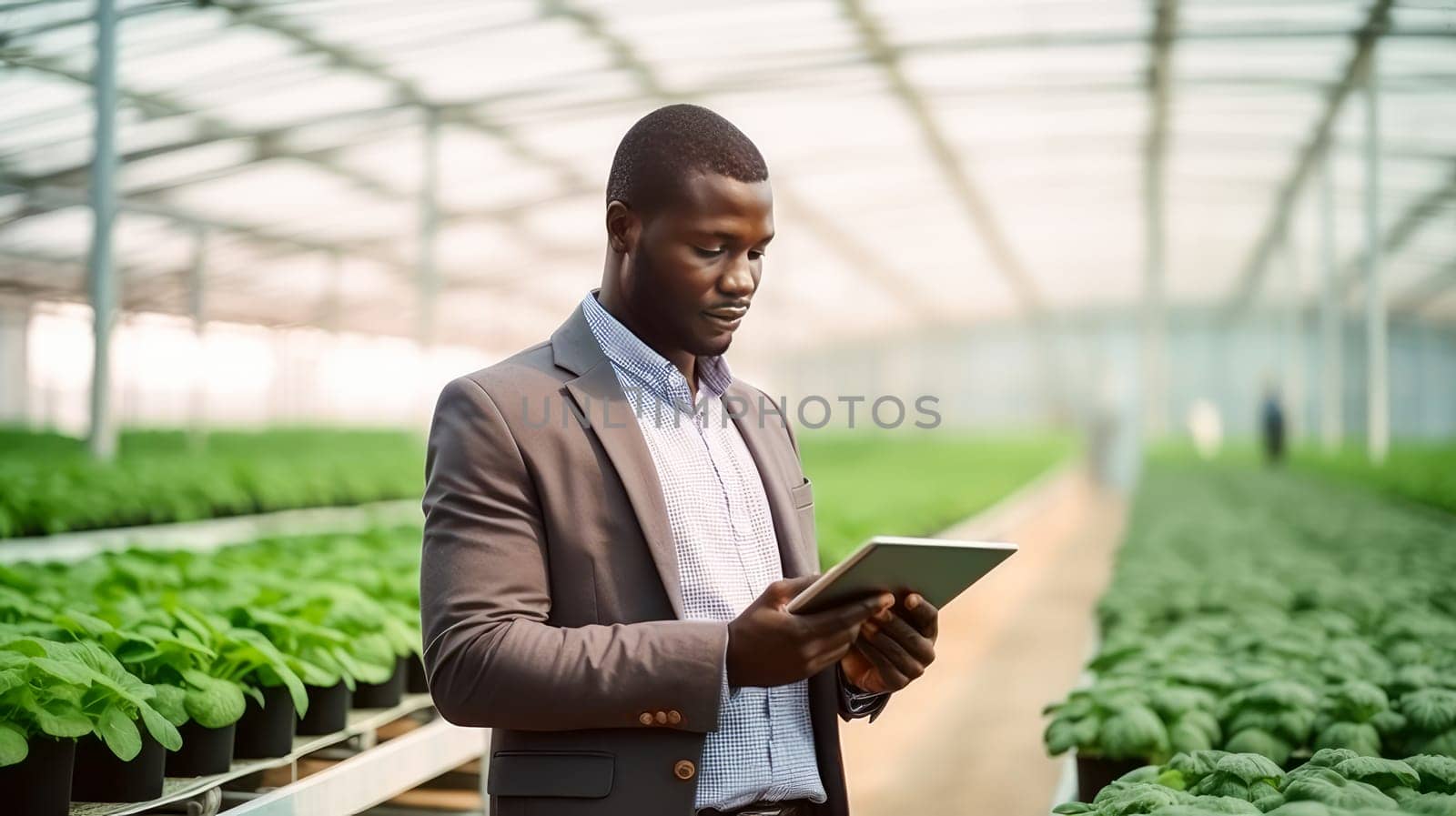 A dark-skinned African American man gadget, laptop, tablet planting and caring plants, seedlings, vegetables in a greenhouse. proper nutrition, healthy lifestyle, diet, veganism, vegetarianism. Gardening and horticulture, biology, greenhouse, farming