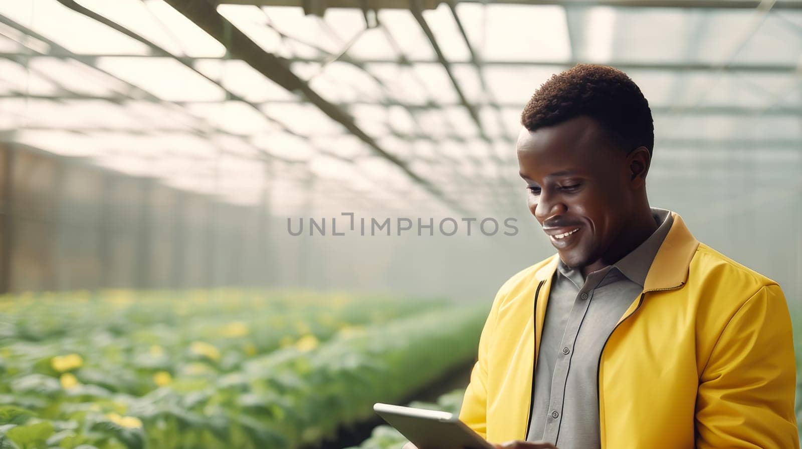 A dark-skinned African American man gadget, laptop, tablet planting and caring plants, seedlings, vegetables in a greenhouse. proper nutrition, healthy lifestyle, diet, veganism, vegetarianism. Gardening and horticulture, biology, greenhouse, farming