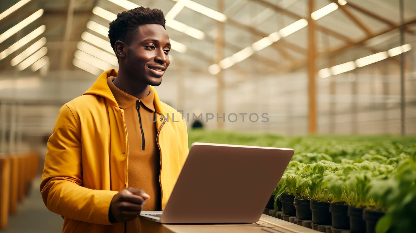 A dark-skinned African American man gadget, laptop, tablet planting and caring plants, seedlings, vegetables in a greenhouse. proper nutrition, healthy lifestyle, diet, veganism, vegetarianism. Gardening and horticulture, biology, greenhouse, farming