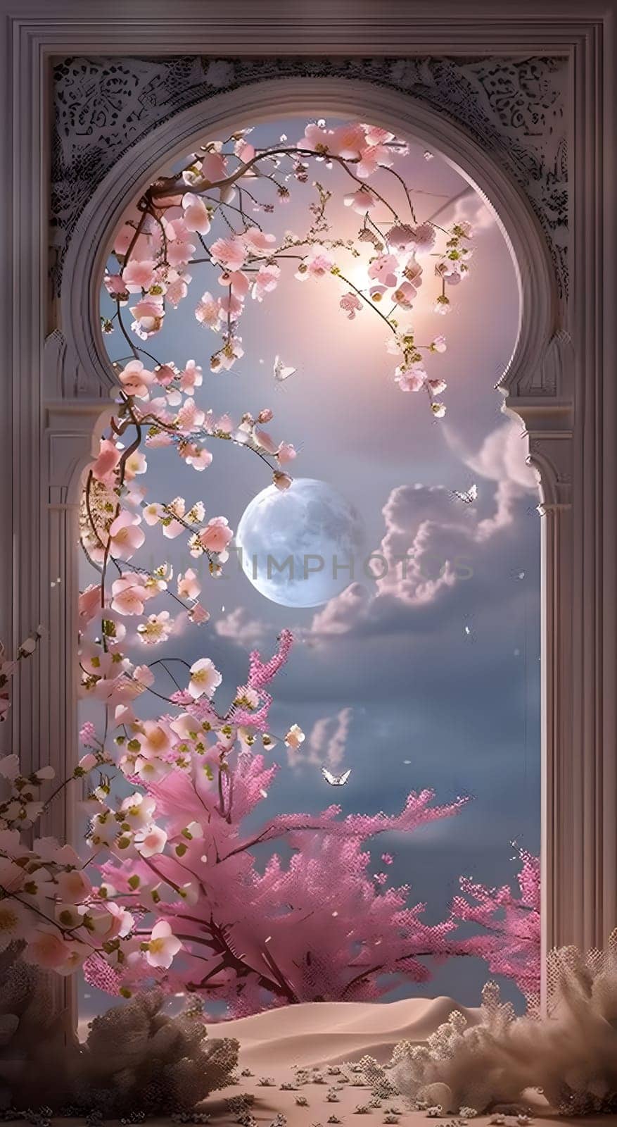 An archway adorned with pink flowers under a magenta sky, with a full moon in the background. A visual arts representation of a holy place, resembling a painting in a glass circle