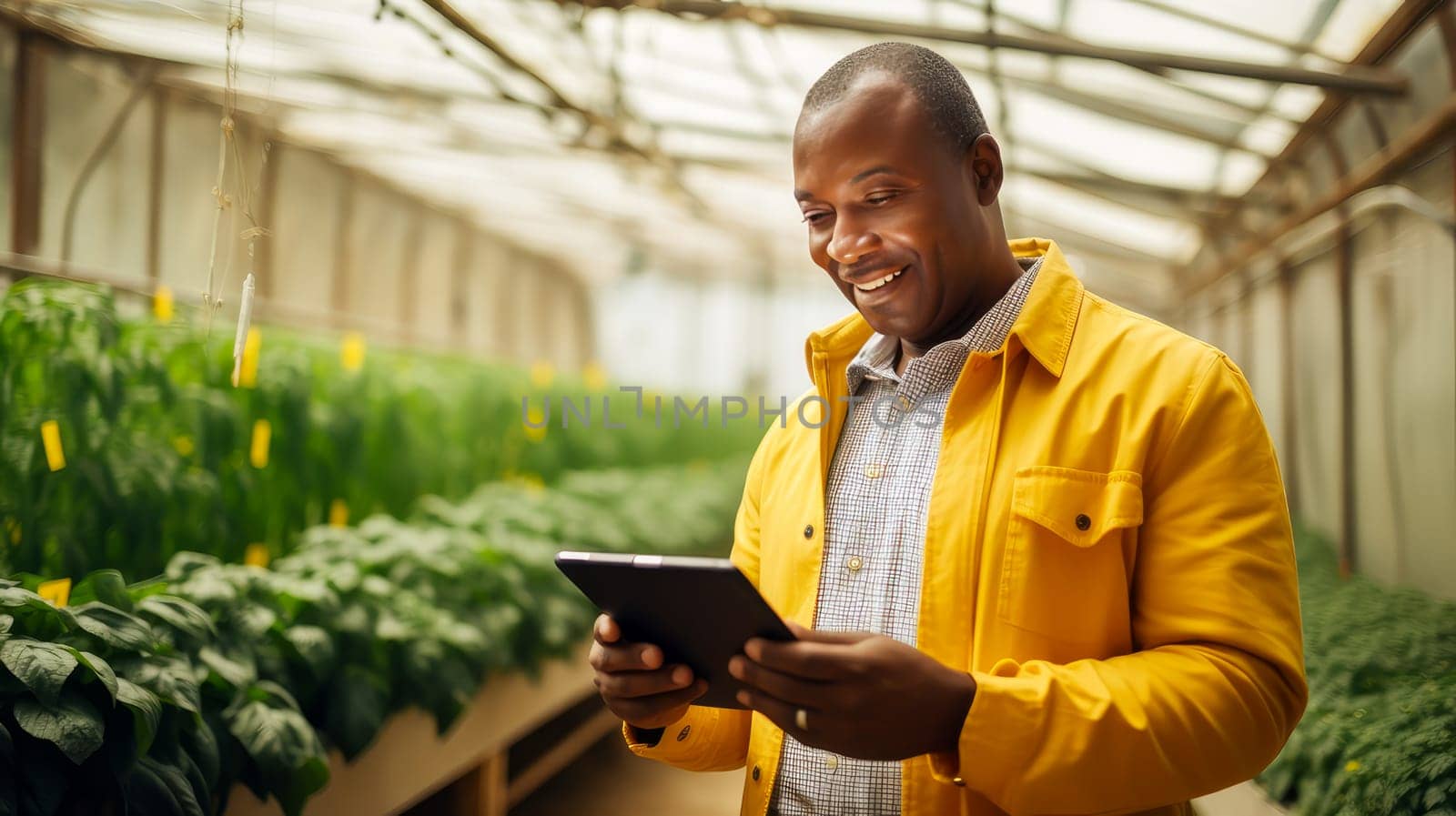 A dark-skinned African American man with a gadget, laptop, tablet is planting and caring for plants, seedlings, vegetables in a greenhouse. by Alla_Yurtayeva