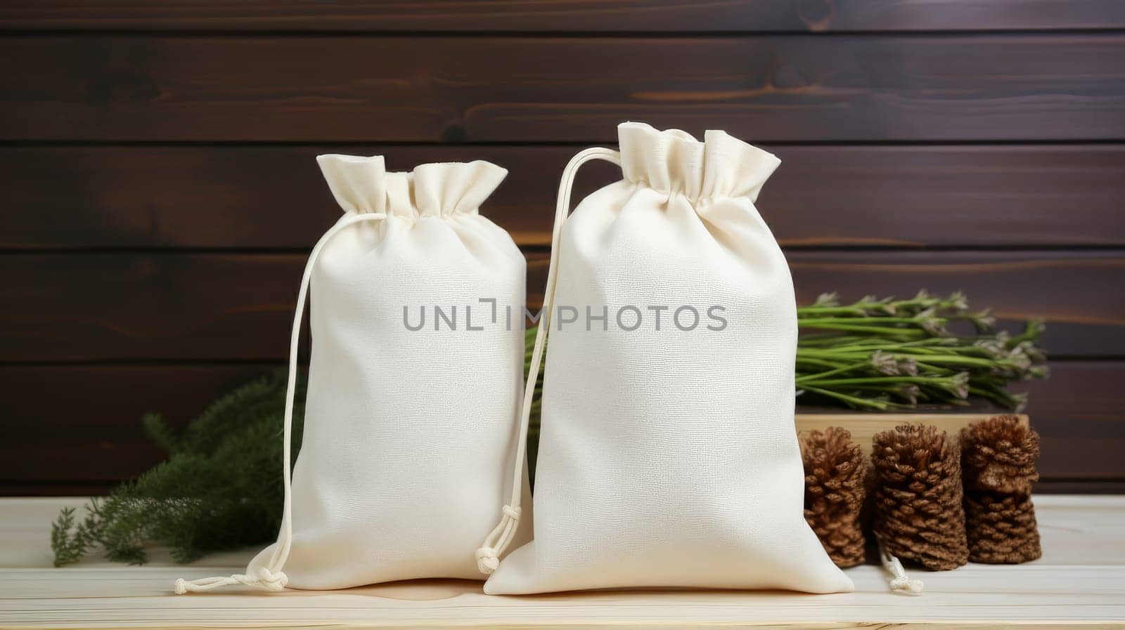 Light Fabric Bags Made of Natural Fabric. Recycling concept, excess consumption, Plastic free, linen fabric, wooden background, reusable, cereal bag, food, supplies, provisions