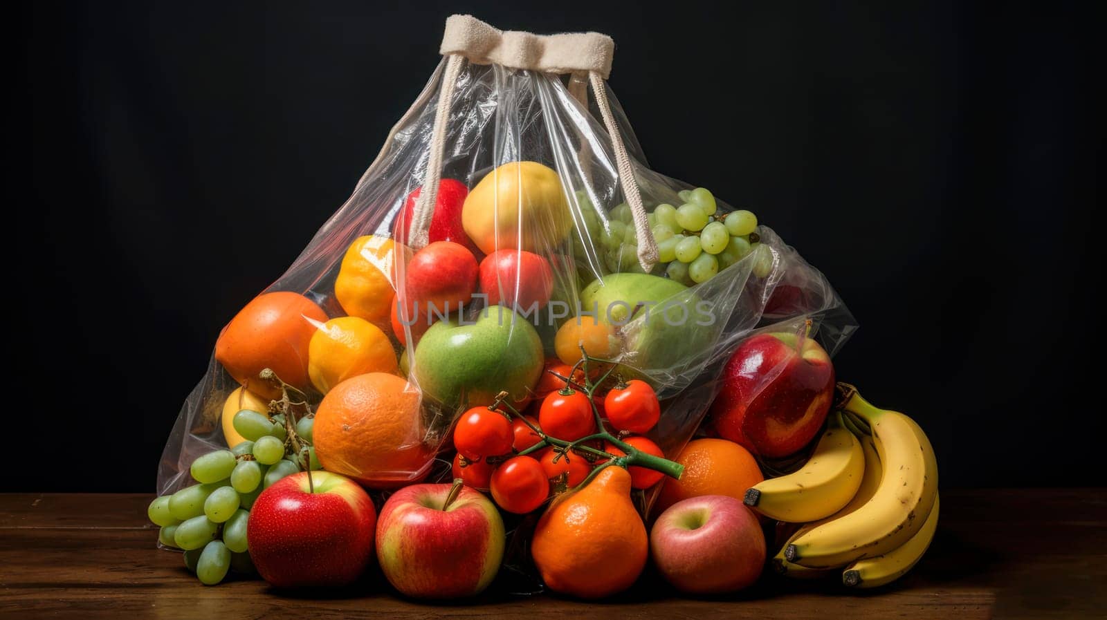 A large number of fruits and vegetables in a plastic bag on a plain background. by Alla_Yurtayeva