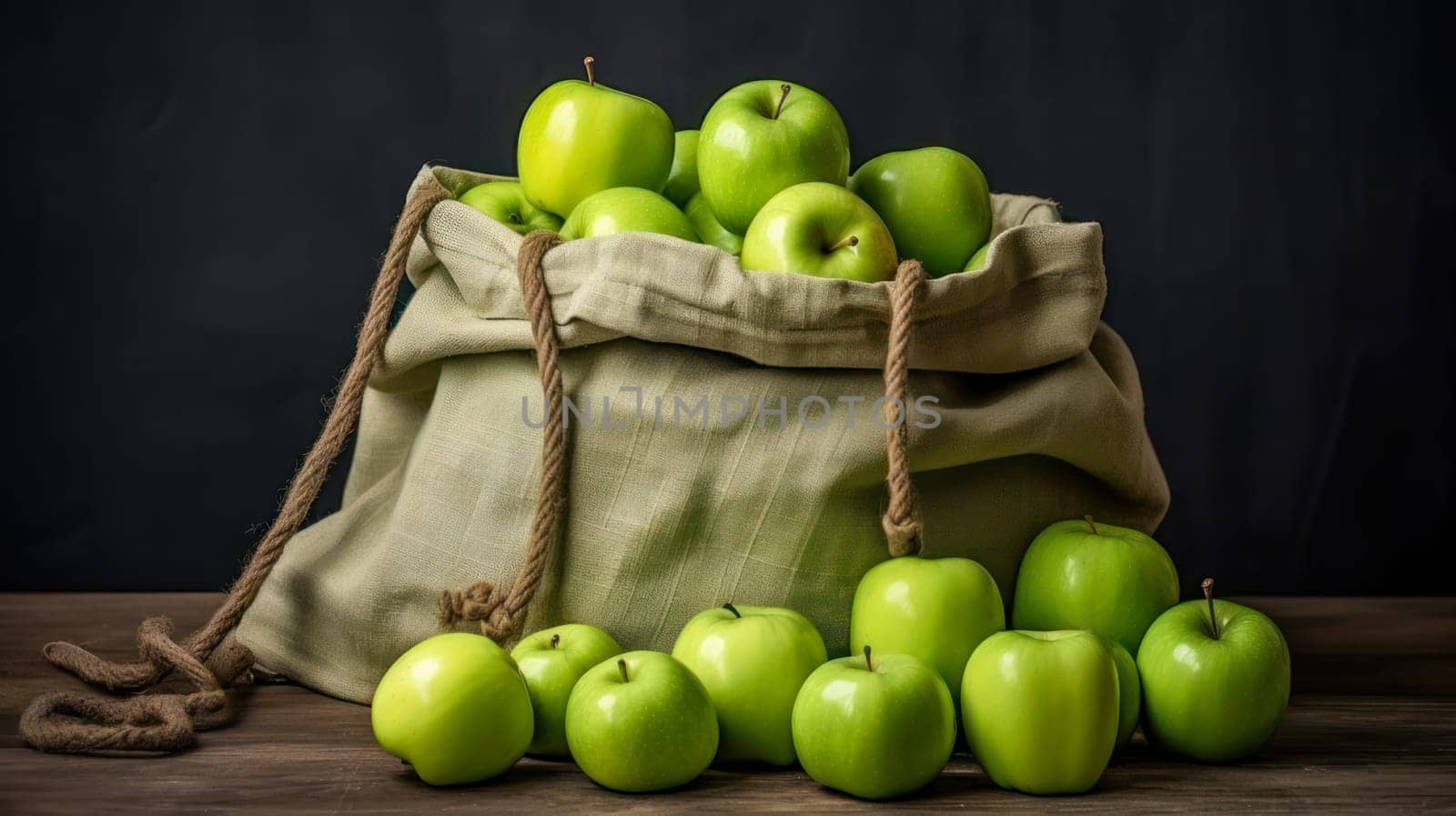 Bag made of natural fabric with green apples. The concept of recycling, saving, no plastic, proper nutrition, healthy lifestyle, diet, veganism, vegetarianism.