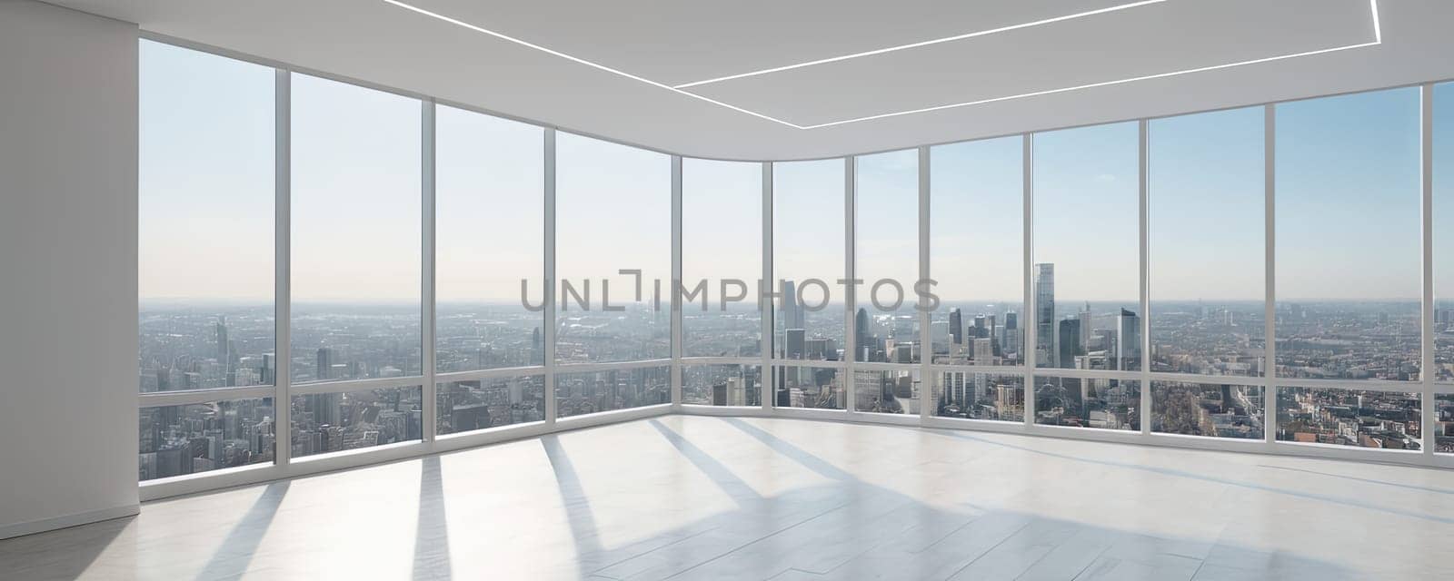 Empty office, high-rise building, city skyline view