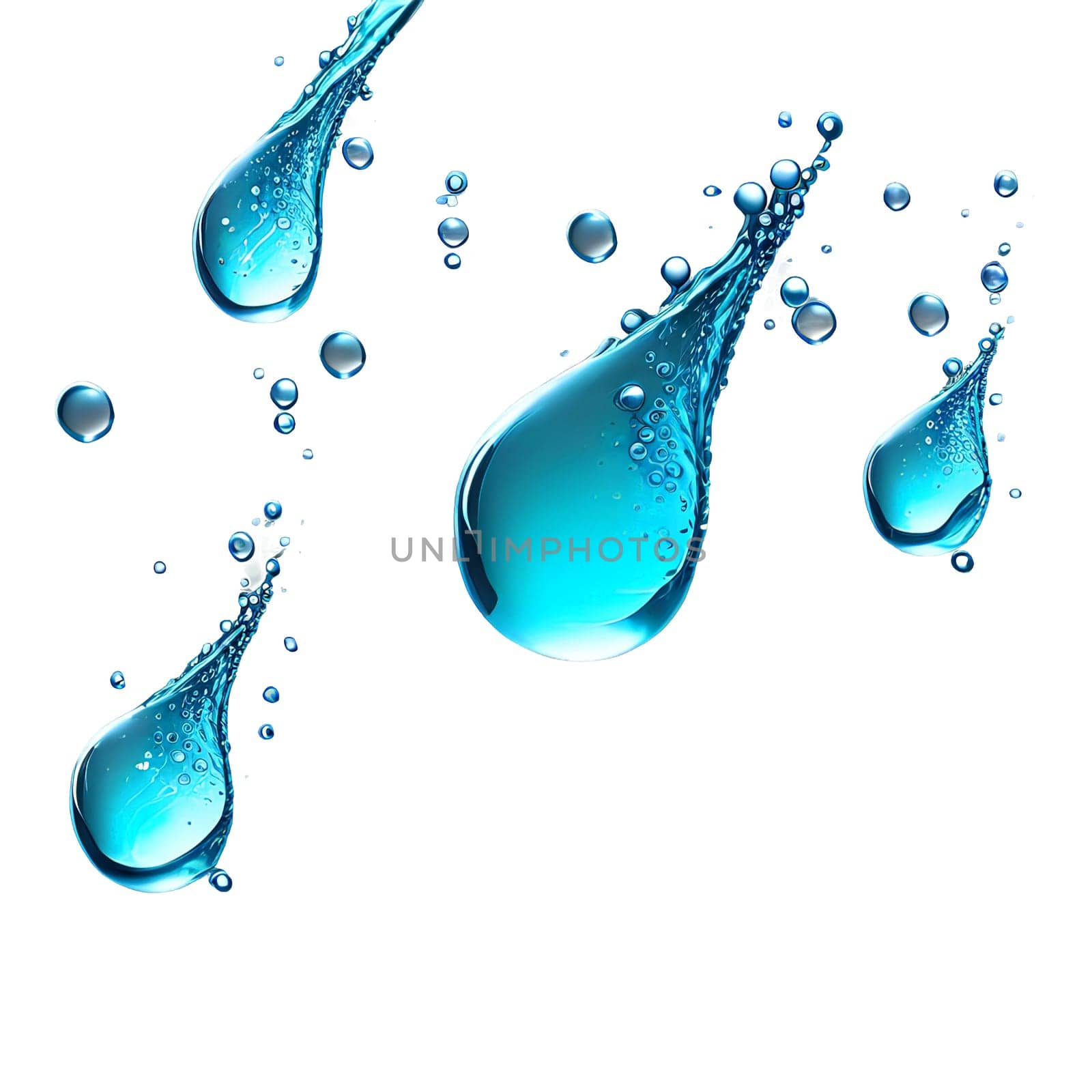 Abstract drop water paint strokes and ink drops in aqua watercolor on transparent background. by panophotograph
