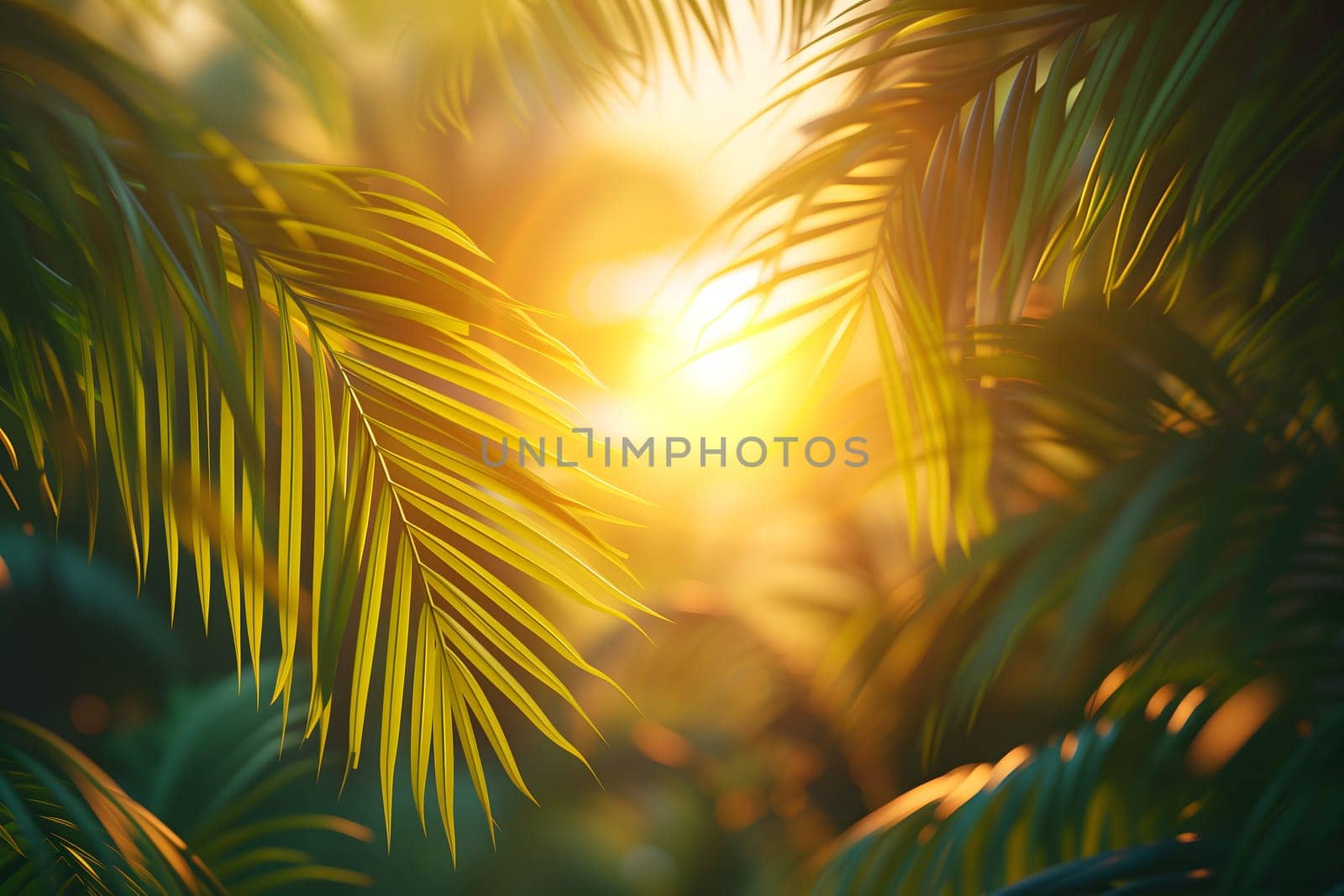 Vibrant sunny backdrop palm leaves with golden sun light. by z1b