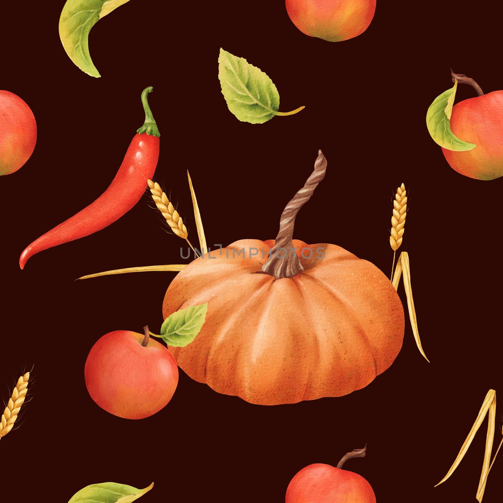 Seamless pattern of Pumpkins, apples, leaves, chili and spikelets. Watercolor illustration. Autumn harvest. Delicious ripe vegetable. Vegetarian raw food. For posters, websites, notebooks, textbooks.