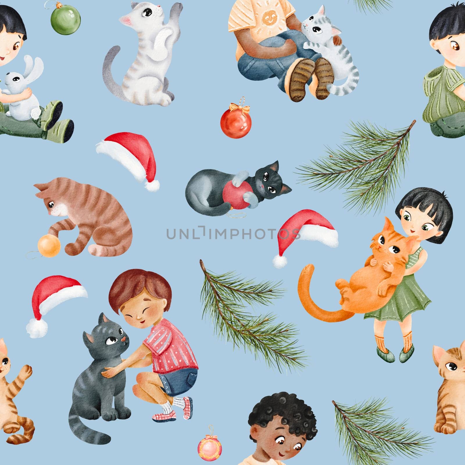 seamless pattern. Pine branch. boy is sitting with his pet. Asian Girl holds her red cat in arms. Friendship. funny kitties playing with Christmas balls. Blue background New Year. for textile, wrap by Art_Mari_Ka