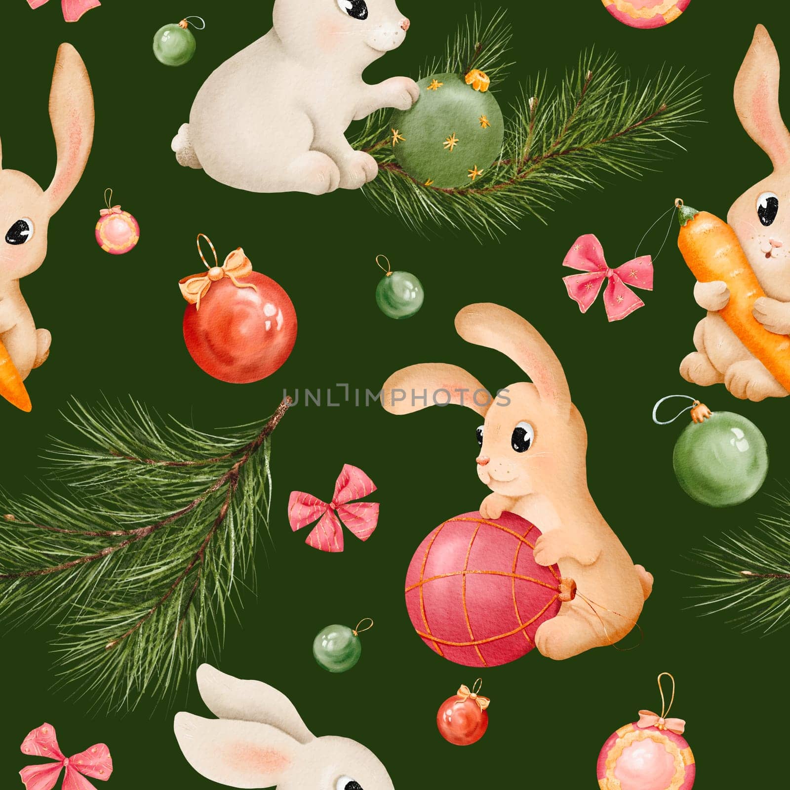 Seamless pattern. Bunny and rabbit with Christmas toys watercolor set. Hand drawn animals in different color. hare illustration element. Cute characters for Christmas, New Year.Green background by Art_Mari_Ka
