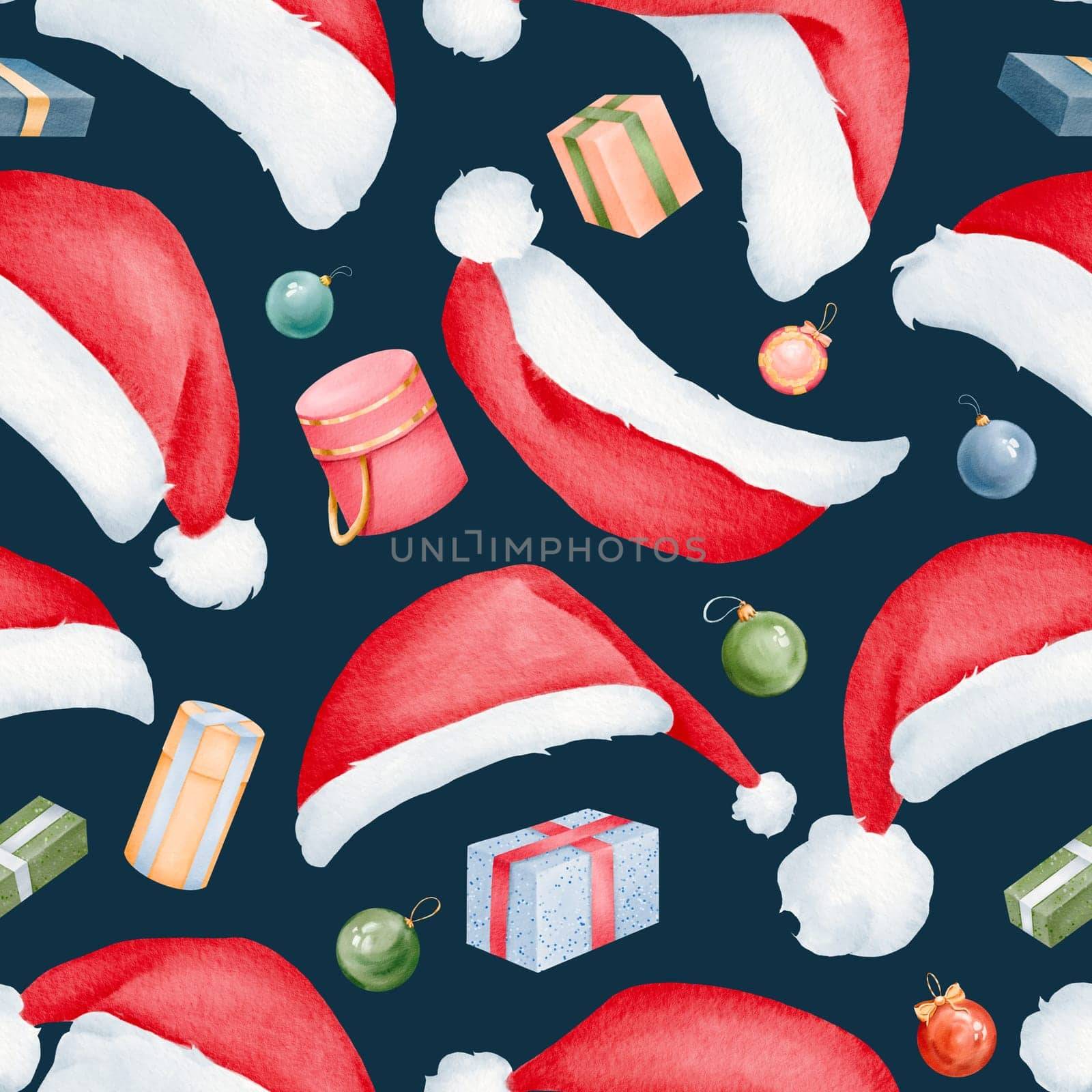 Seamless pattern. Presents. Santa Claus hat. Dark background. Christmas red hat in new year holiday cartoon design. for greeting card, postcards party invitations, posters, greetings, websites by Art_Mari_Ka