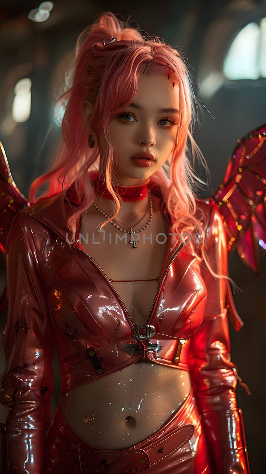 A fictional character with pink hair is dressed in a red costume featuring wings. She is ready to perform at an entertainment event, standing tall with confidence in the darkness