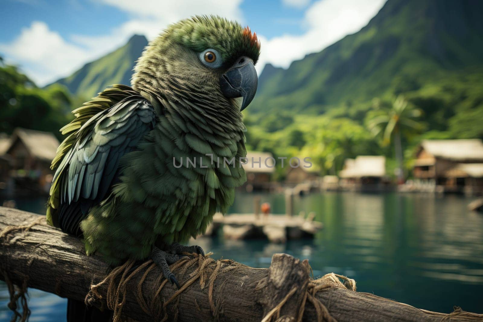 A parrot on the water near the island of Tahiti. Bird.