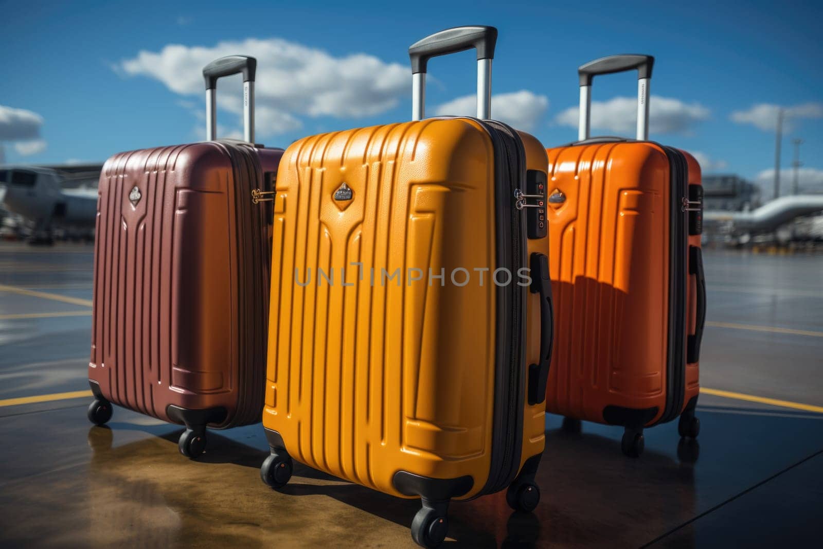 Three stylish colored suitcases standing in an empty airport.
