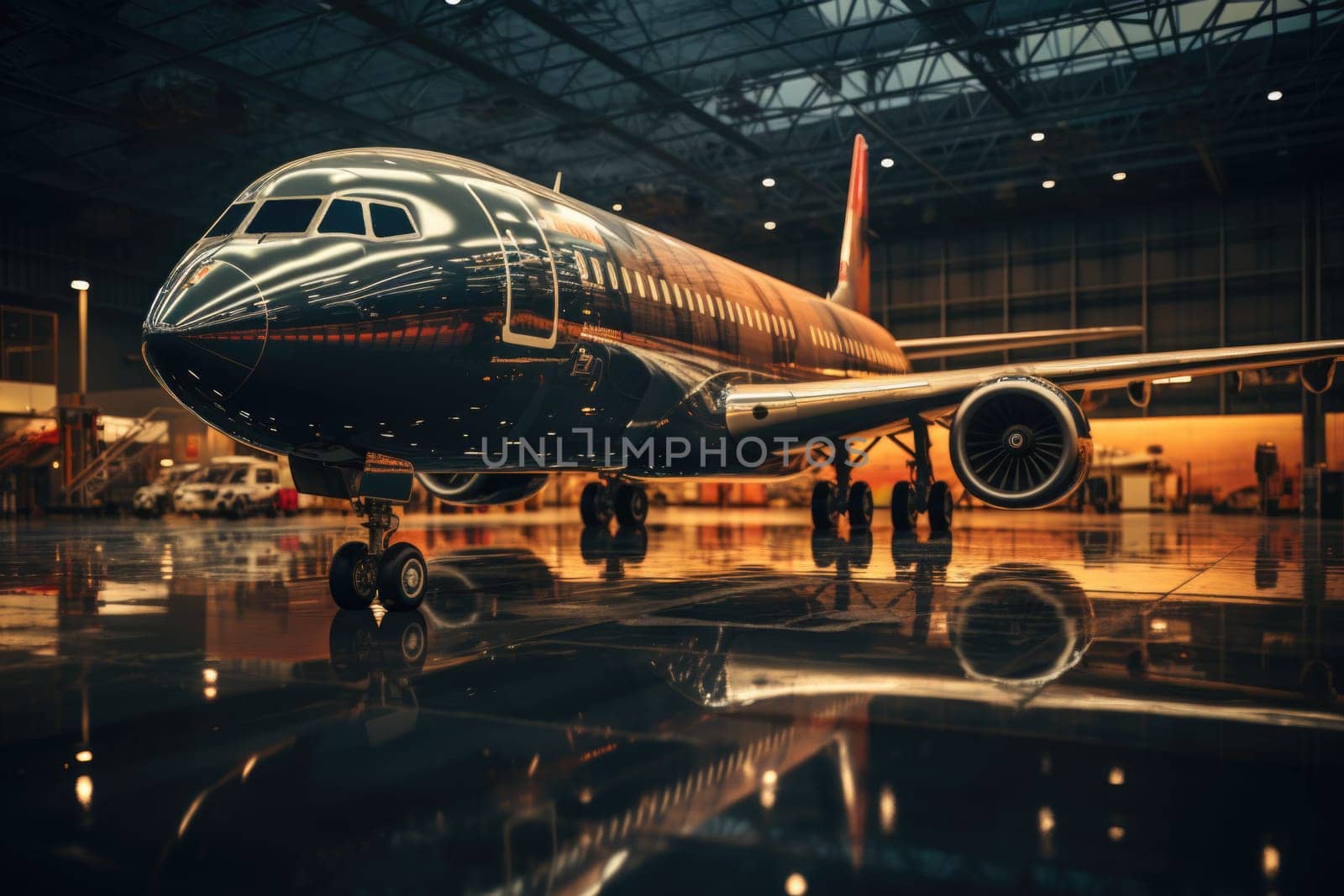 A large passenger airplane stands in an airport hangar by Lobachad