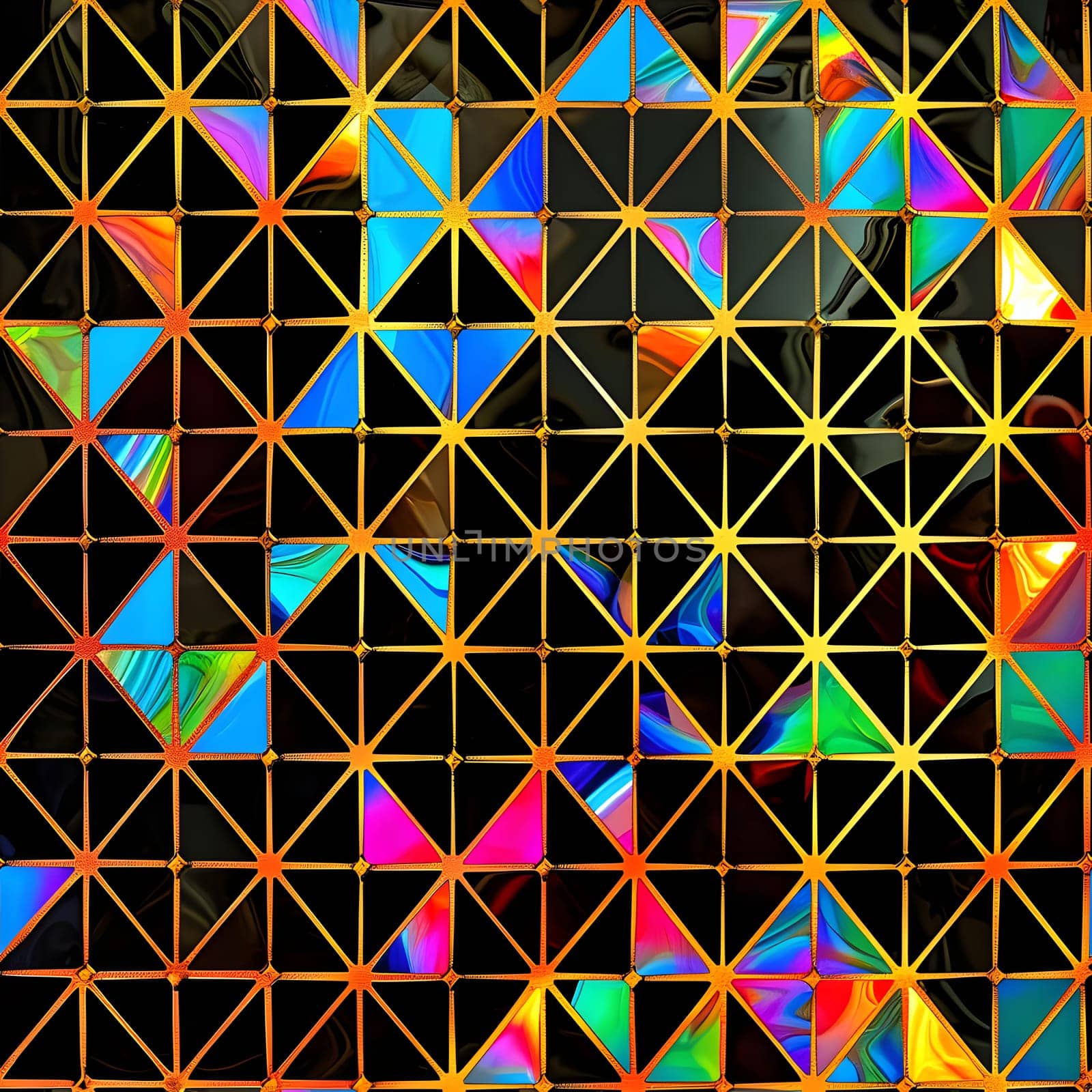 Seamless texture and full-frame background of colorful glass mosaic triangular tiles. Neural network generated image. Not based on any actual scene or pattern.