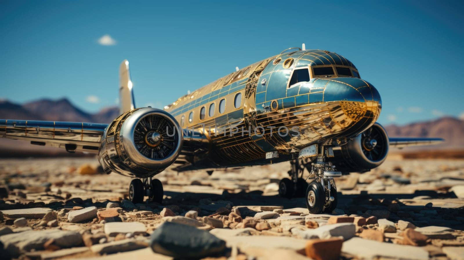 A large steel airplane on a desert runway .