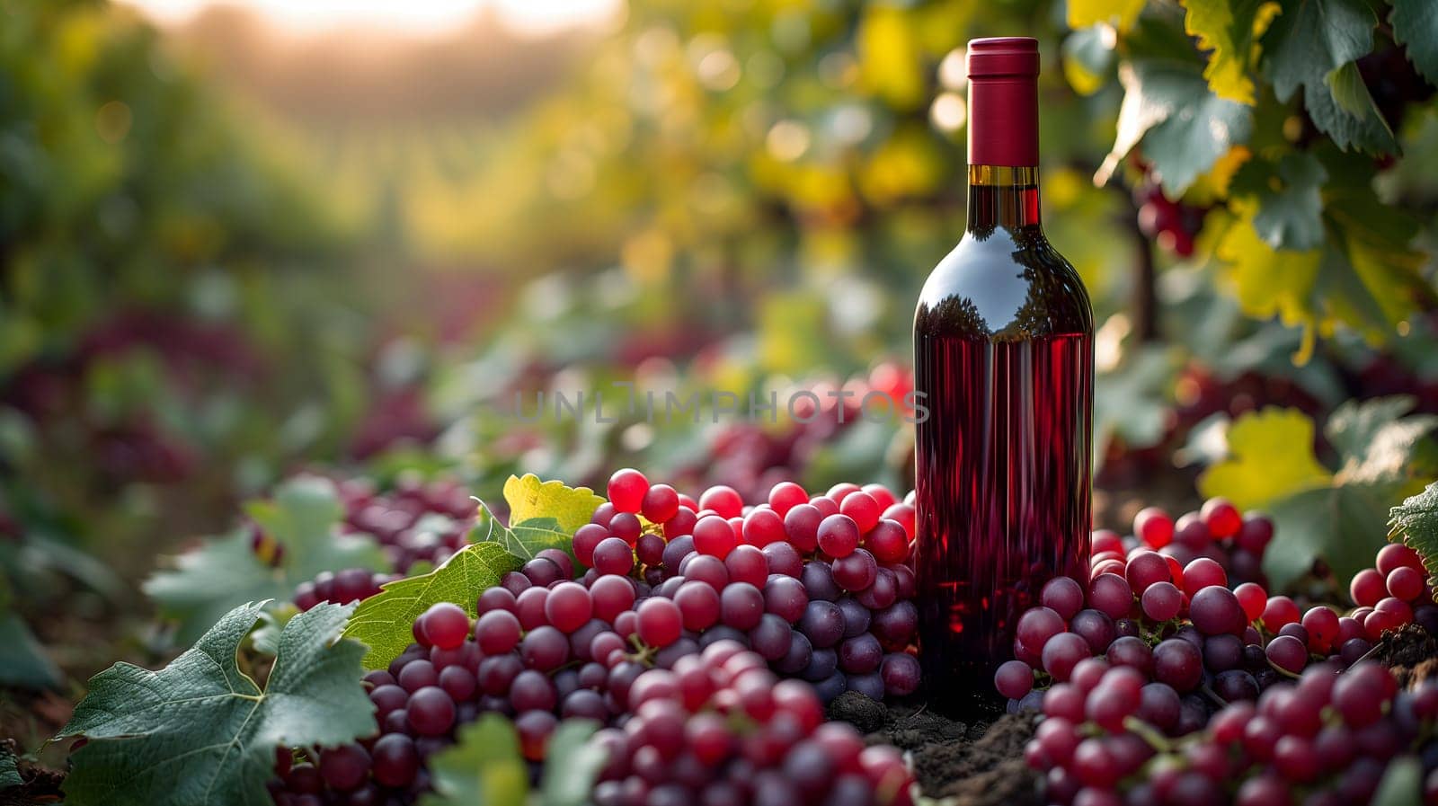 A red wine bottle in front of a landscape of grape farmland. by z1b