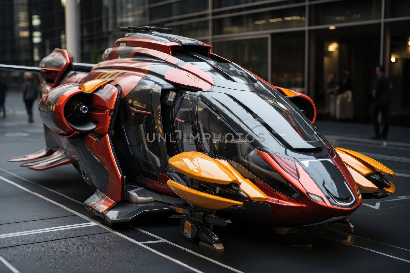 An autonomous, driverless aircraft stands on the pad. The future.