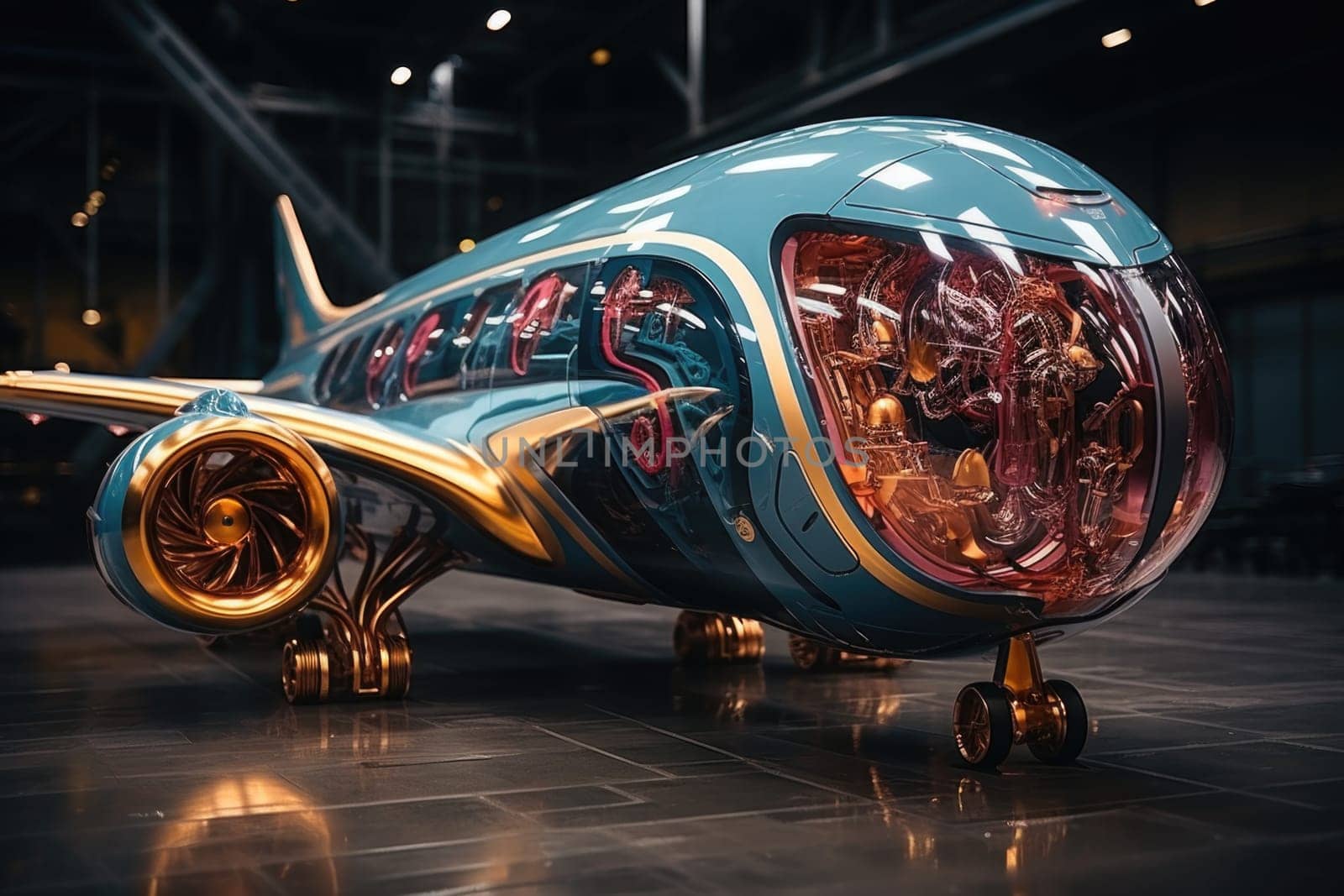 A large passenger airplane of the future stands in a hangar.