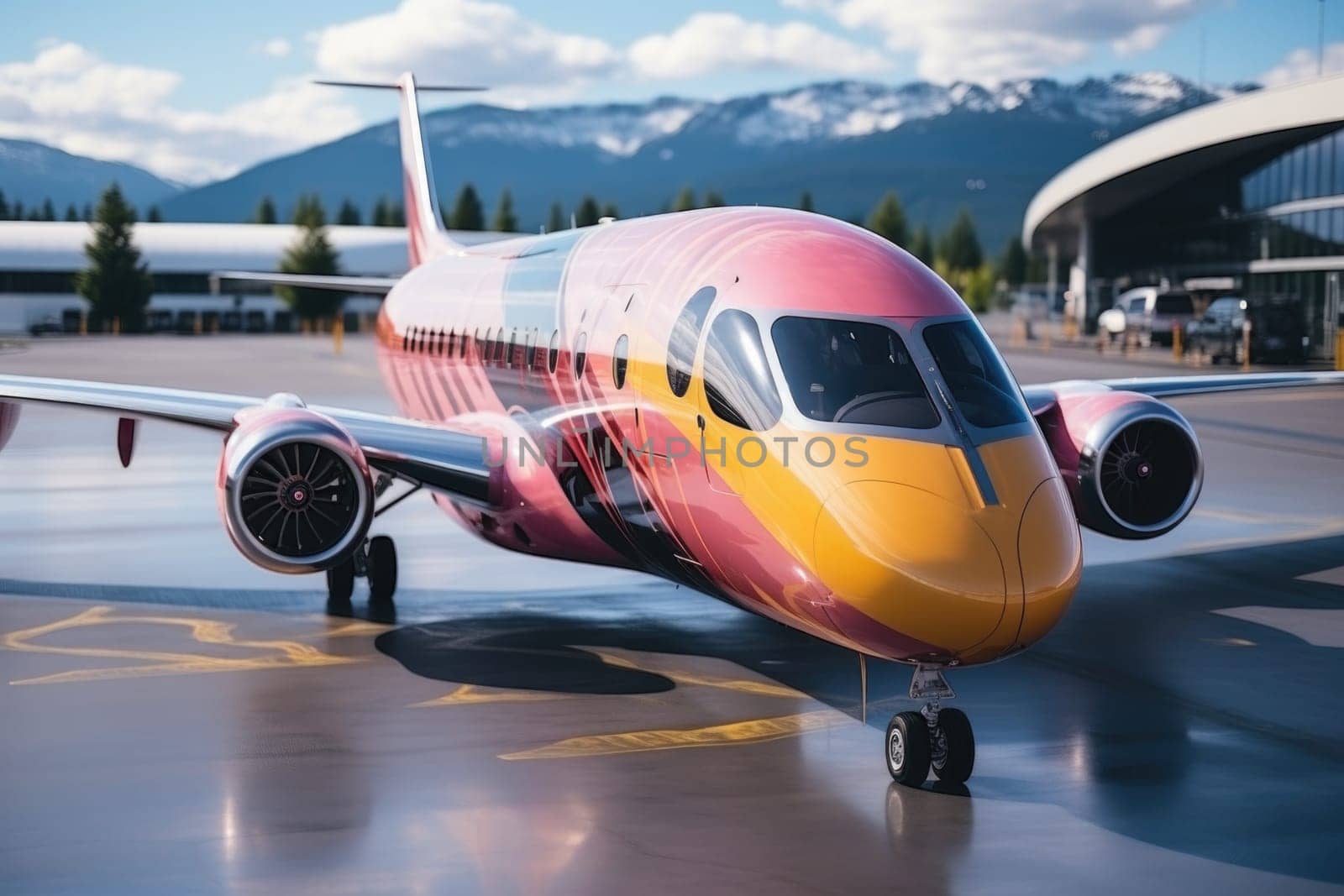 A large passenger airplane on an airport runway by Lobachad