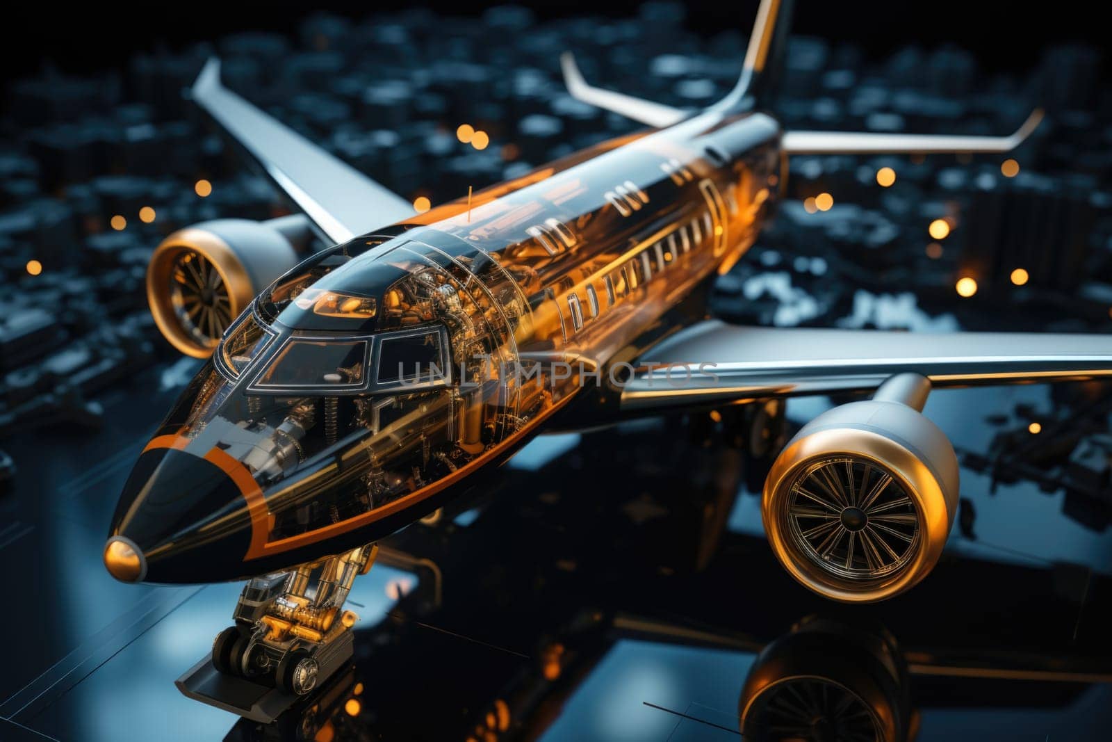 A large passenger airplane on an airport runway. Model airplane made of glass.