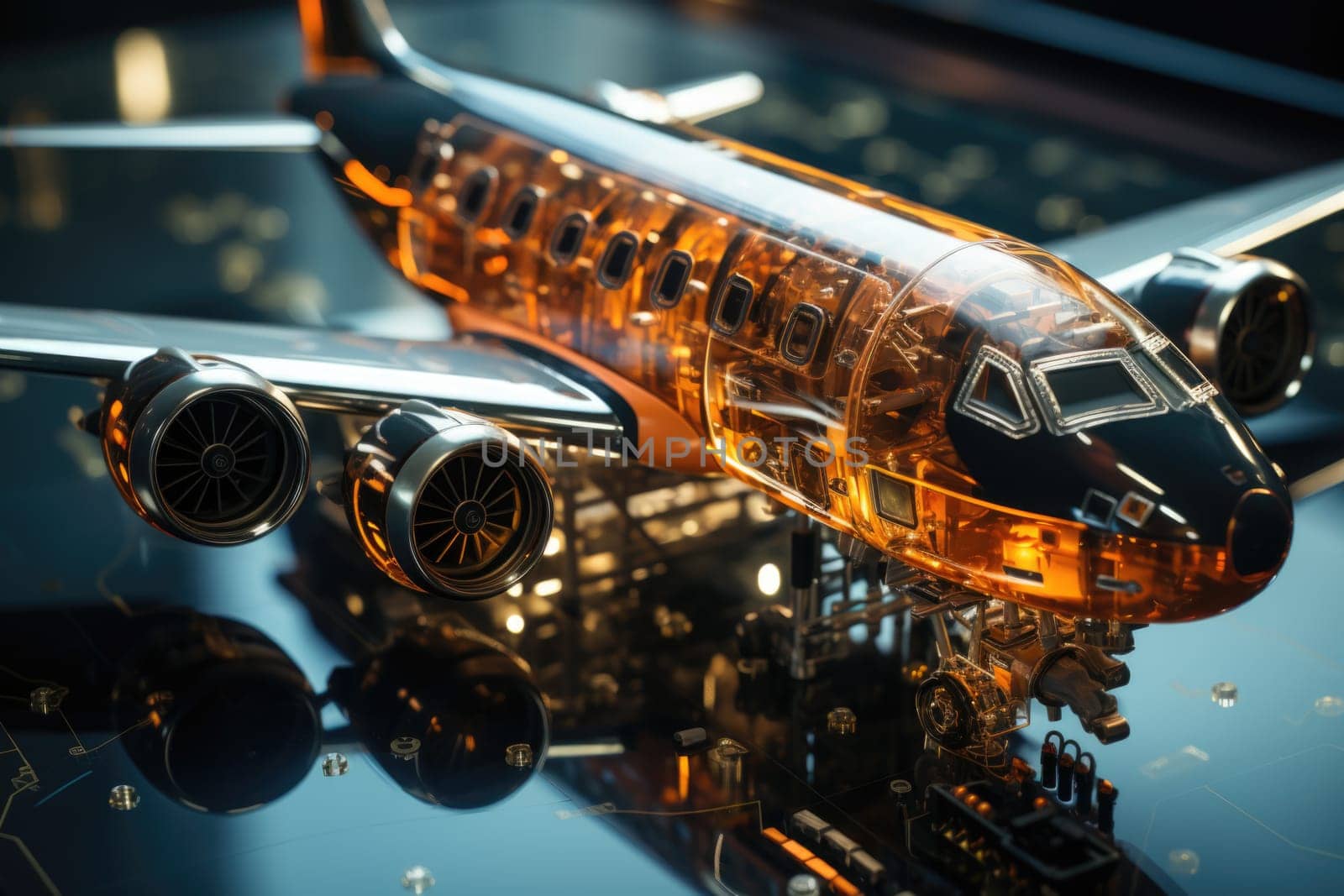 A large passenger airplane on an airport runway. Model airplane made of glass.